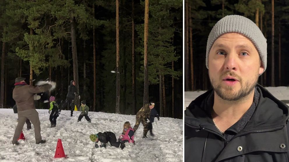 En delad bild som visar vinteraktiviteter. Till vänster syns en grupp barn som leker i snön, bland annat med snöbollskastning och lek. Några vuxna är också med i leken. I bakgrunden finns höga tallar. Till höger står Sebastian Bryntesson i vinterkläder och tittar in i kameran.