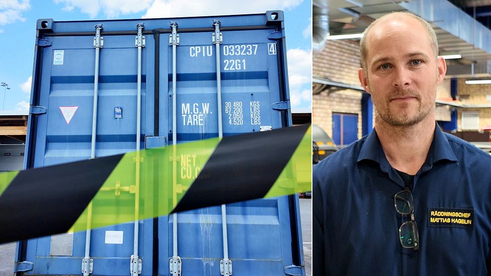 Tvåbild: Container från MSB och porträtt på räddningschef  Mattias Hagelin