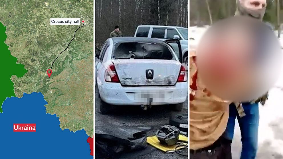 Till vänster: karta som visar platsen i Brjansk där två av terroristerna greps. I mitten: flyktbilen övergiven vid en väg. Till höger: en av de misstänkta grips.