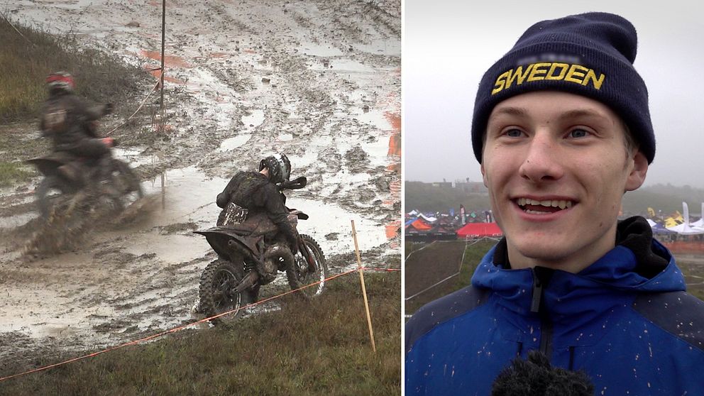 Olle Mårtensson och Alfred Henrysson kör enduro under Gotland Grand National i lerigt väder.