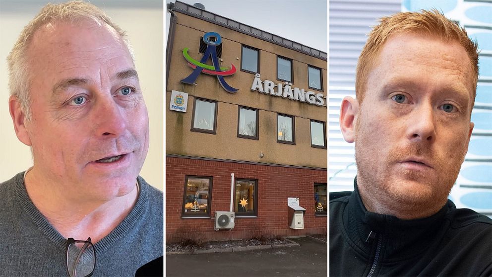 En delad bild som visar tre sektioner. Till vänster syns en man med grått hår som bär en tröja med en kamera i fokus. I mitten visas en byggnad med skylten ”ÅRJÄNGS” och fönster som reflekterar omgivningen. Till höger finns en man med blont hår som bär en svart jacka, fotograferad i en ljus miljö.