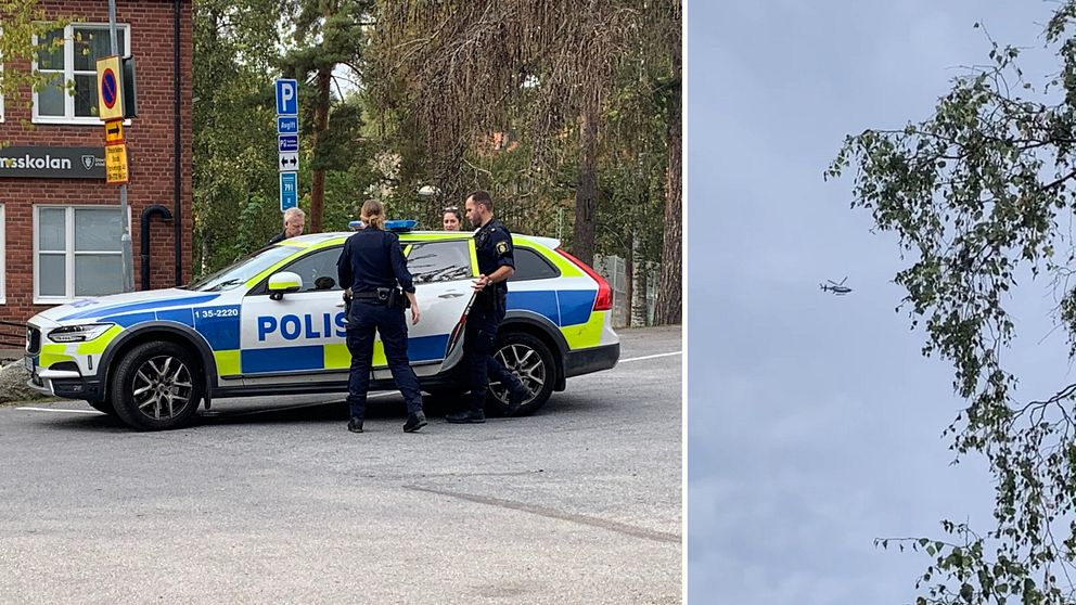 Polispatrull och helikopter som söker efter tre försvunna förskolebarn i Hässelby strand