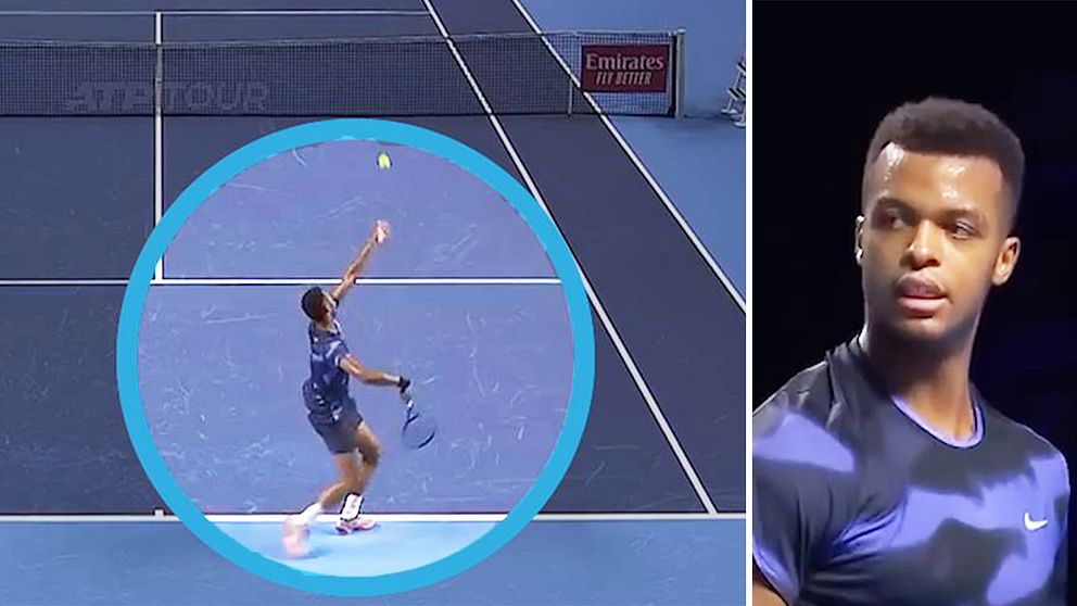 Bild med två sektioner: till vänster, en spelare i blå tröja som servar på en tennisbana, med bollen i luften; till höger, en närbild av spelaren med oskarp ansiktsdetalj.