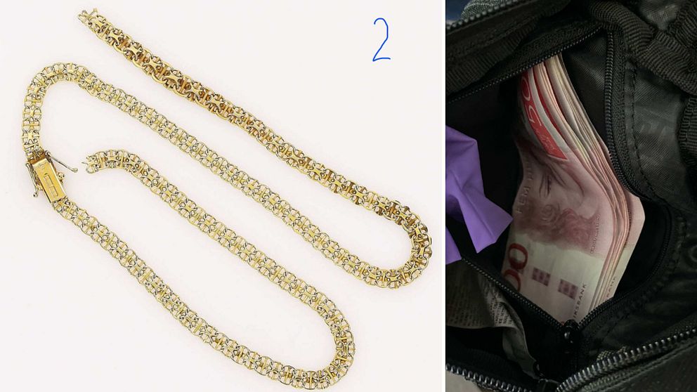 Bilder från förundersökningsprotokollet som visar ett av de stulna halsbanden, samt pengar som beslagtagits från en av de åtalade.