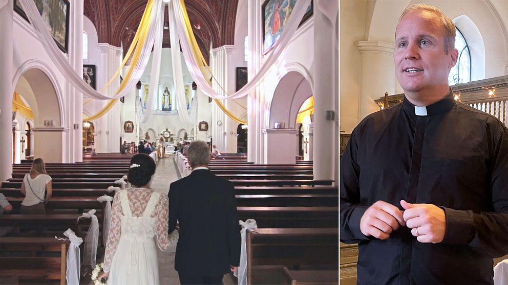 En vigsel i kyrkan. En präst som pratar