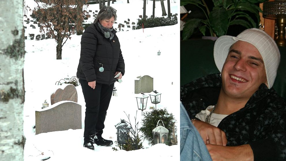 En delad bild med två sektioner: Den vänstra sektionen visar en person som står vid gravar på en snötäckt kyrkogård med gravstenar och lanternor synliga i bakgrunden. Den högra sektionen visar en person som sitter avslappnat i en sittgrupp, klädd i en mörk jacka med ett mönster.