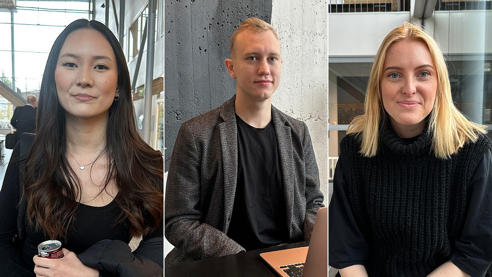 Tre studenter inne på Umeå universitet: En tjej med brunt hår, en kille med blont hår och en tjej med blont hår