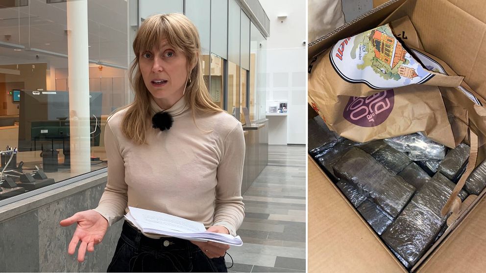 Reporter står Västmanlandstingsrätt med en dom i handen. Haschkakor i en kartong.