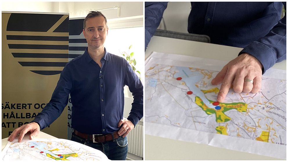 Till vänster, Jim Hedfors, GIS-ingenjör vid Statens geotekniska institut, stående bakom ett bord. Till höger, en hand som pekar på en karta över Östergötland.