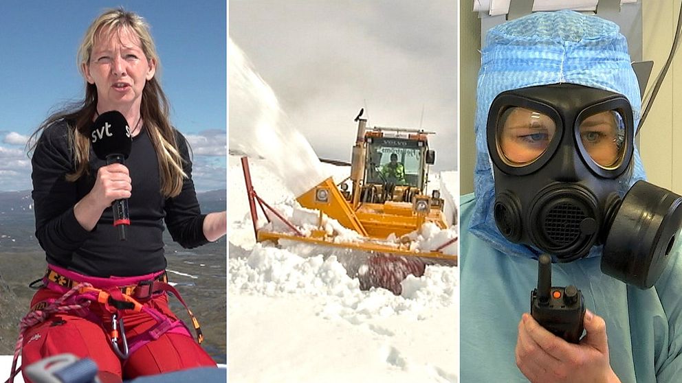 Tredelad bild. Vänster: Reporter med mikrofon. Mitten: Snöplog i arbete. Höger: Person i medicinsk utrustning.