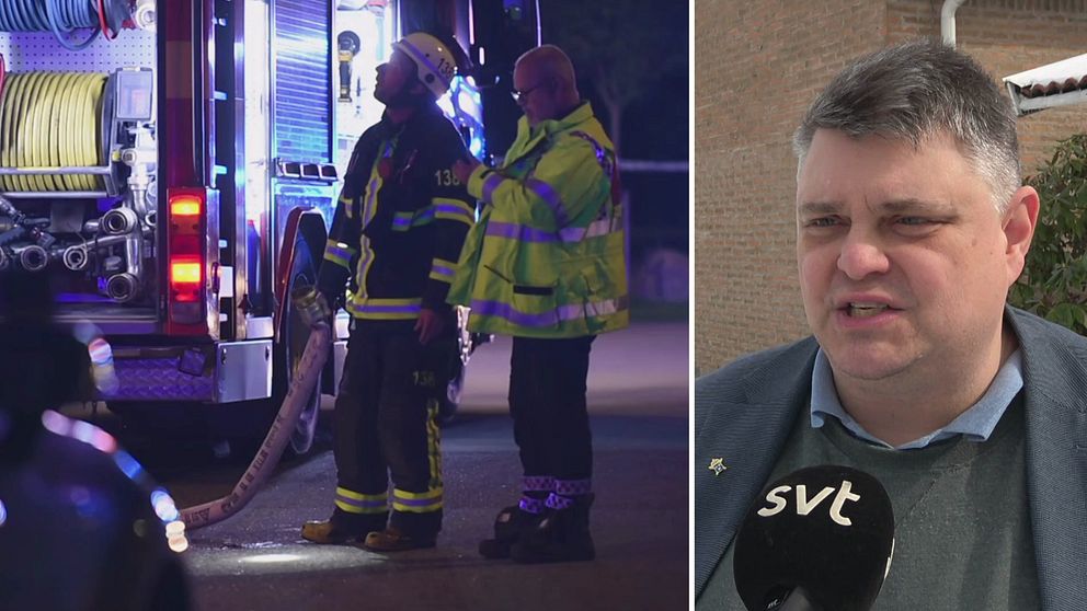 Räddningspersonal arbetar vid en brand och åklagare Fredrik Beijar.