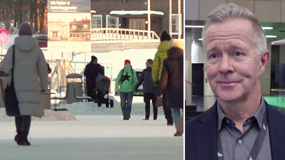 Flera personer på promenad i centrala Kiruna samt kommunalrådet Mats Taaveniku (S).