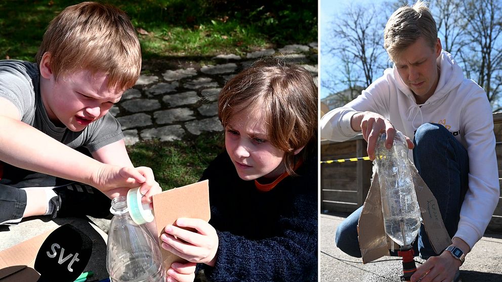 Delad bild. Till vänster: barn bygger med plastflaska utomhus. Till höger: person monterar flaskraket.