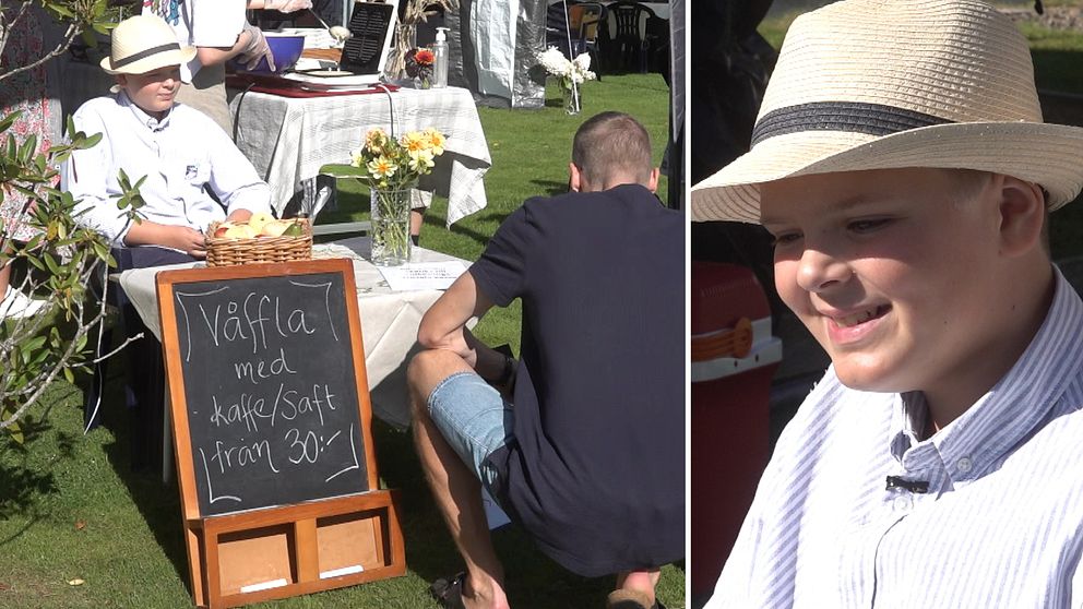 En bild på en elvaårig kille som säljer våfflor.