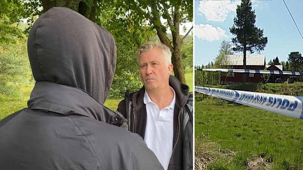 En delad bild med två delar: till vänster ses en person med mörk huva som står i en grönskande omgivning, medan den högra delen visar en röd stuga omgiven av avspärrningsband och ett träd i förgrunden under en klar himmel.