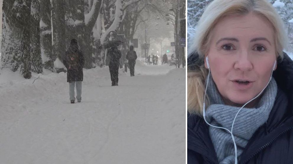 Bild på en gata med snö och en kvinna utomhus.
