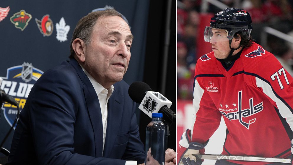 Gary Bettman och TJ Oshie, som bär halsskydd.