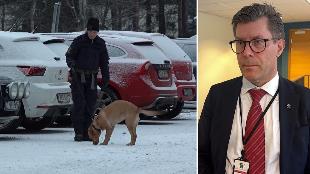 Till vänster: polishund och förare under utredning efter skottlossnignen i Bosvedjan, Till Höger: Henrik Wallin, akmmaråklagare