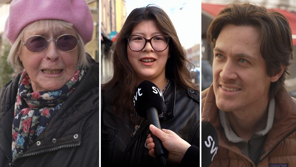 Tredelad bild. Vänster: person i rosa mössa. Mitten: SVT-intervju på stan. Höger: person i brun jacka.