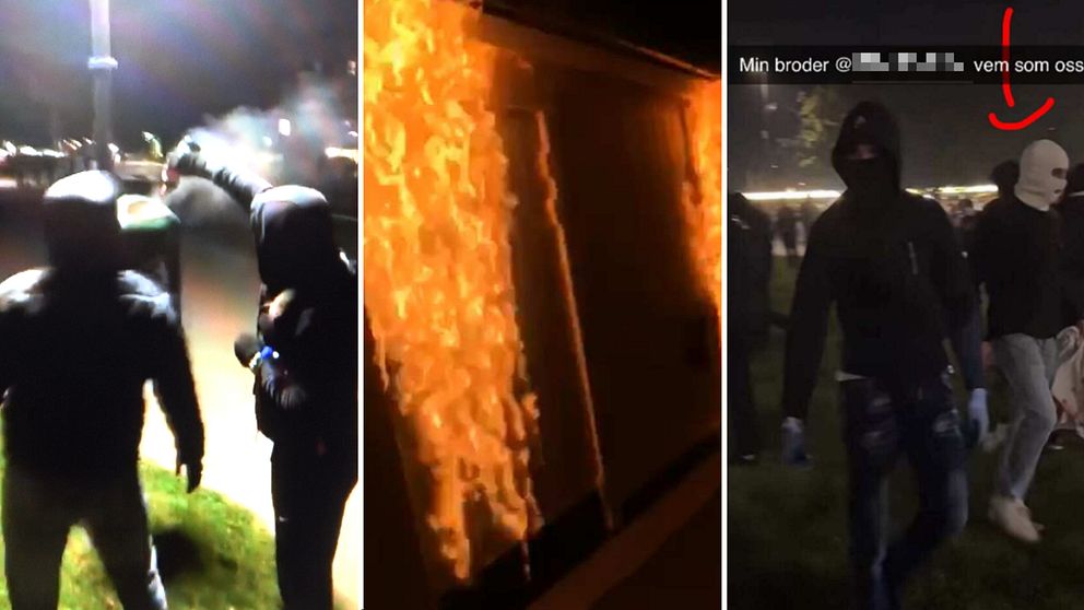 Bilder från förundersökning, maskerade personer ses tända eld på en soptunna och på ett förråd.