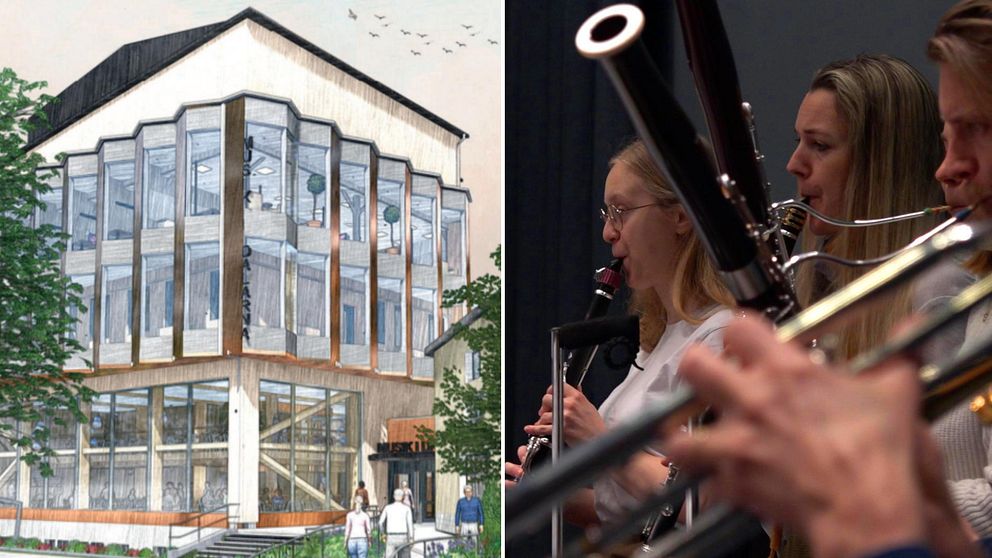 ritning av det nya konserthuset och en bild på personer i en orkester som spelar blåsinstrument