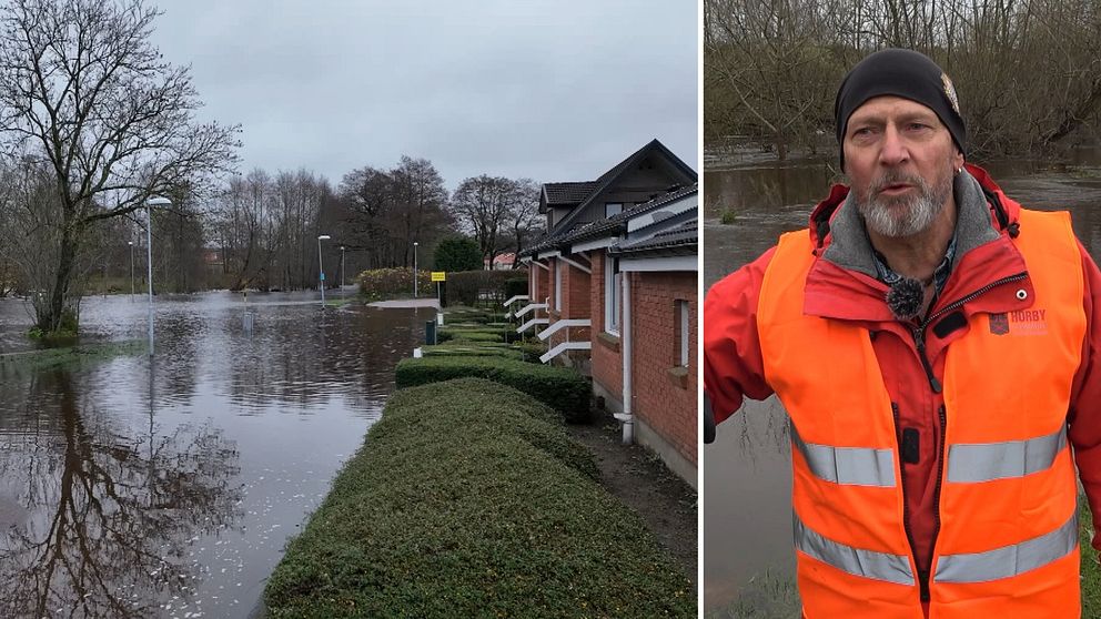 Splittbild som visar en översvämmad Hörbyå, med vatten som närmar sig en hustomt, även Mikael Ulvholt  kommunekolog Hörby i orangea varselväst, framför en översvämning.