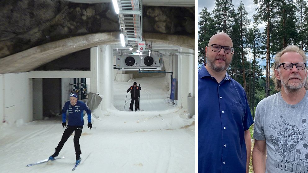 En delad bild. Till vänster: Skidåkare som åker i skidtunneln. Till höger: Kommunstyrelseordförande Richard Nilsson (S) och ordförande i det kommunala bolaget MidSweden365, Mats Wilhelmsson.