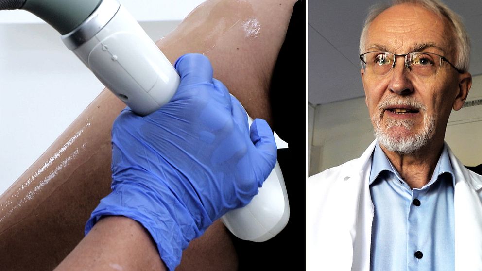 Bild som visar en hand iklädd en blå gummihandske som håller en behandlingapparat som används på en patients ben. Till vänster ses en närbild av behandlingstekniken, och till höger en person i vit läkarrock.