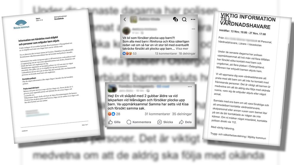 En delad bild som visar flera meddelanden om skolinformation och kommunikation till vårdnadshavare.