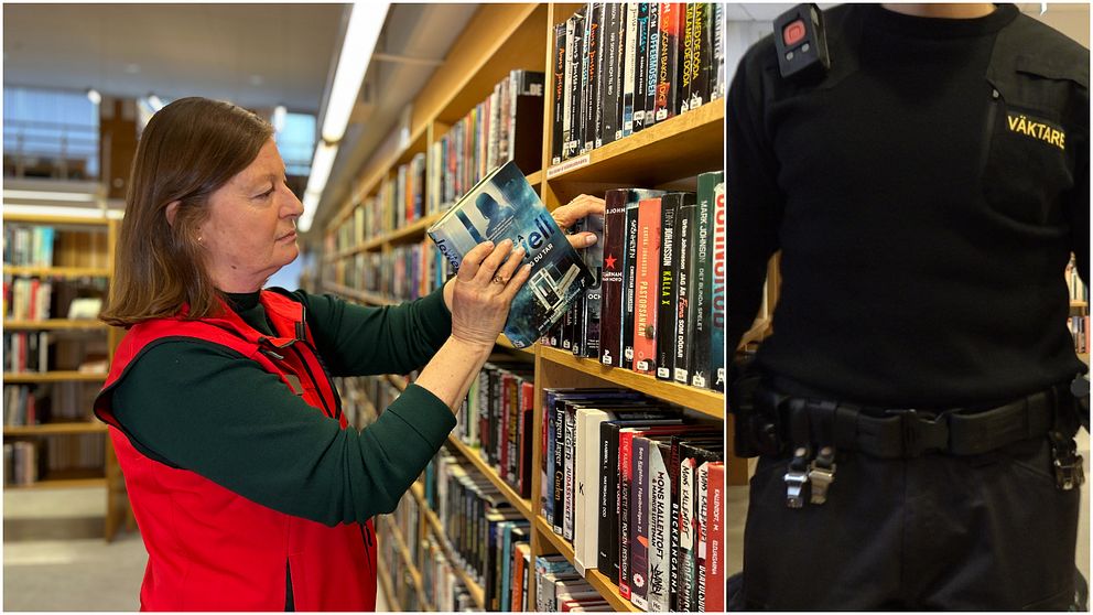 En bibliotekarie som lägger in en bok i hyllan till vänster i bild. En väktare till höger i bild.