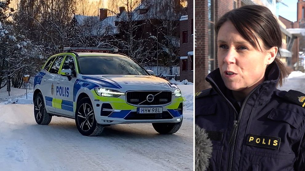Polisen Maria Högbom utanför polishuset i Sundsvall. Bilden är ett kollage med en polisbil som kör utanför polishuset i Sollefteå.