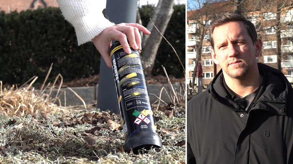 Delad bild. En person lyfter en lustgastub i stadsparken i Eskilstuna till vänster.  Daniel Wennersten Områdeschef Stadsmiljö till höger.
