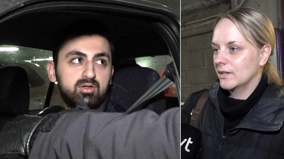Mannen till vänster sitter i sin bil, kvinnan till vänster pratar med SVT:s reporter i garaget på Ryhov