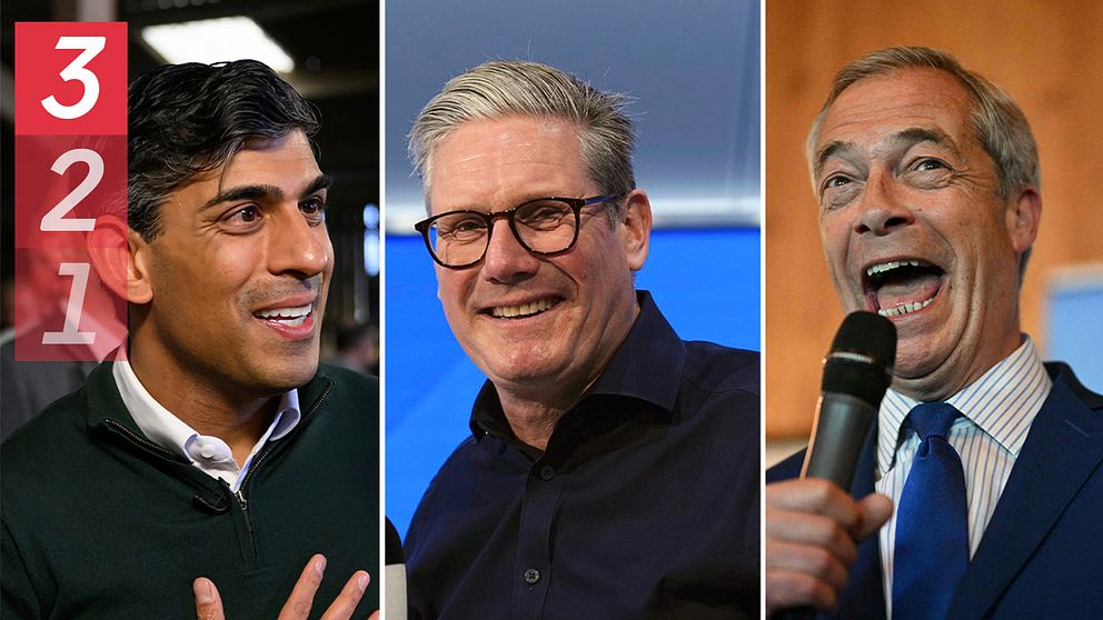 Rishi Sunak, Keir Starmer och Nigel Farage.