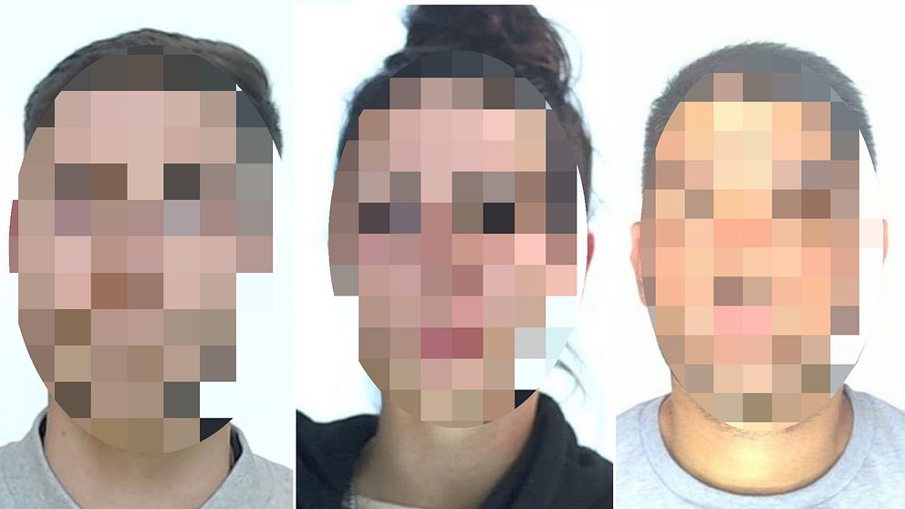 Två män och en kvinna på passbilder, deras ansikten är pixlade.