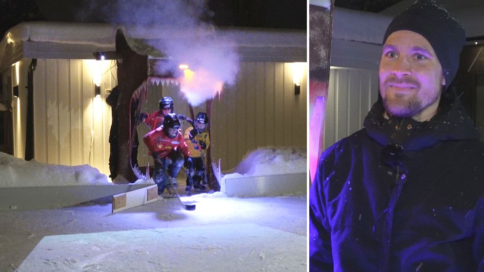 Till vänster bild på det hemmagjorda björngapet, till höger bild på Victor Larsson.