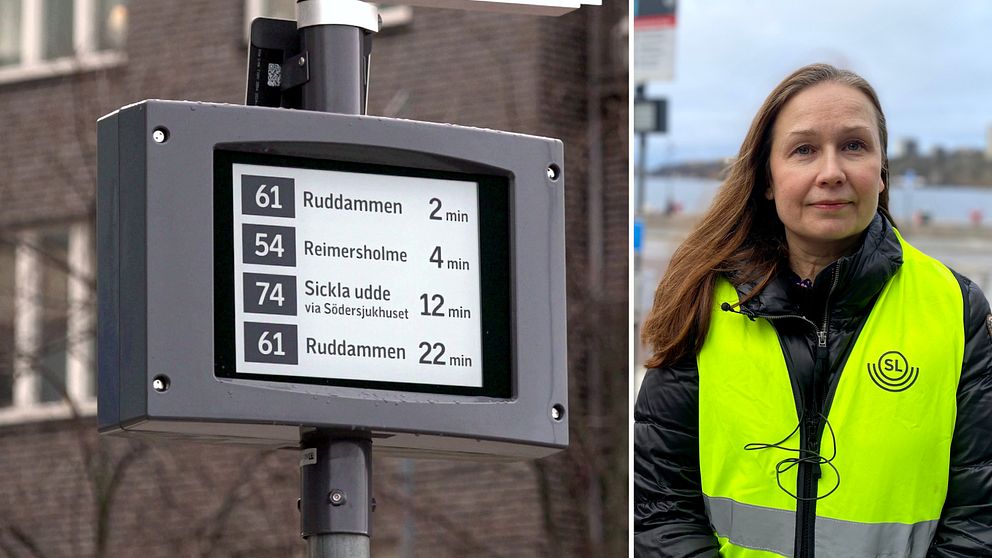 Delad bild: Vänster sektion visar en busstavla med tidtabell som anger ankomsttider för bussar 61, 54 och 74 till olika destinationer. Höger sektion visar en person iförd en gul reflexväst med SL-logo.