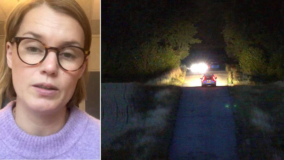 Hanna Cardell till höger i bild, polisbild kör i mörker på landsväg till vänster i bild