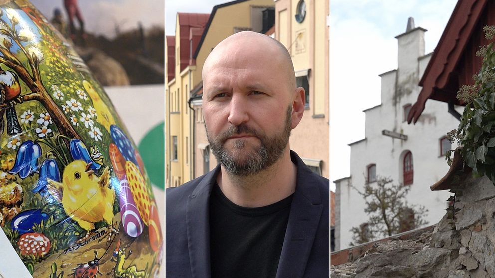 Tre bilder i ett montage. Ett påskägg, Erik Öhrn, och en byggnad i Visby.