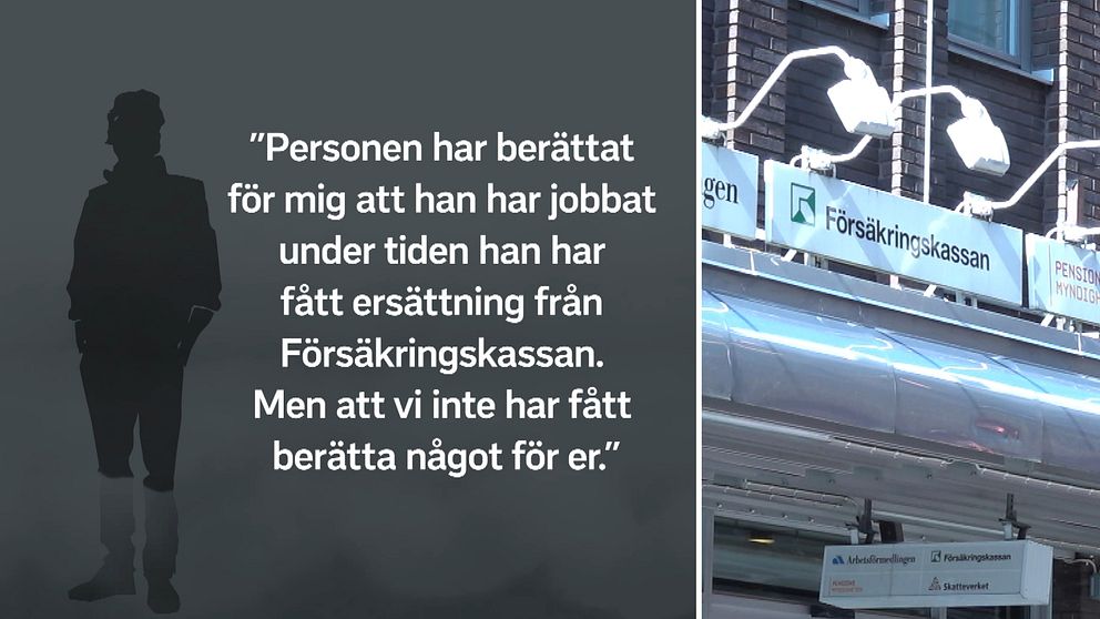 Delad bild. Ett av tipsen som läses upp till vänster. Skylt utanför Försäkringskassan i Eskilstuna till höger.