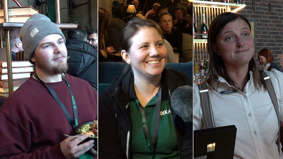 Tre personer, en man och två kvinnor, som svarar på frågor om kaffe på jobbet.