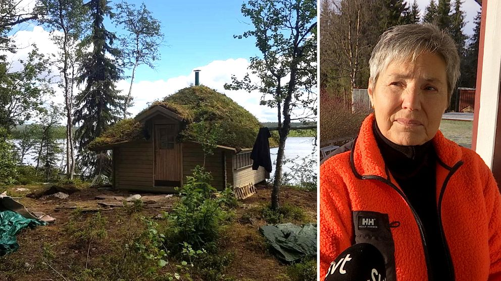 delad bild: en kåta i trä med växtlighet på taket, vid en sjö. Samt Anita Gimvall, en medelålders kvinna med kort hår och orange fleece