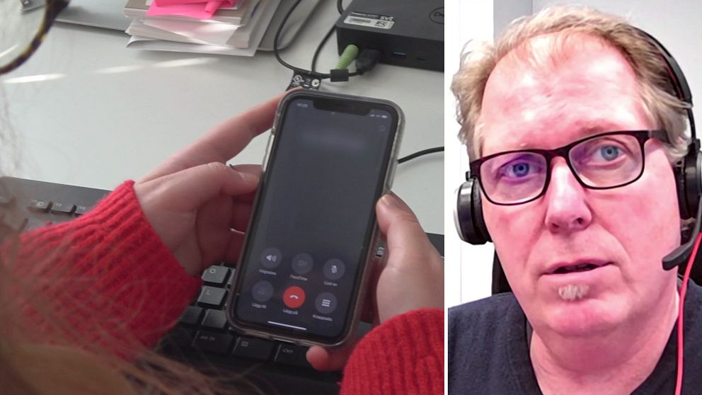 En som ringer ett samtal på en telefon och Björn Skoglund från SOS Alarm.