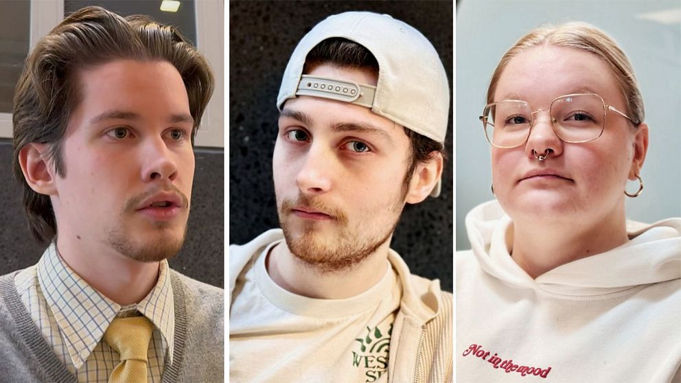 Tre personer poserar, var och en klädd i olika stilar: den första i en skjorta med slips, den andra i en t-shirt och keps, och den tredje i en hoodie med örhängen.