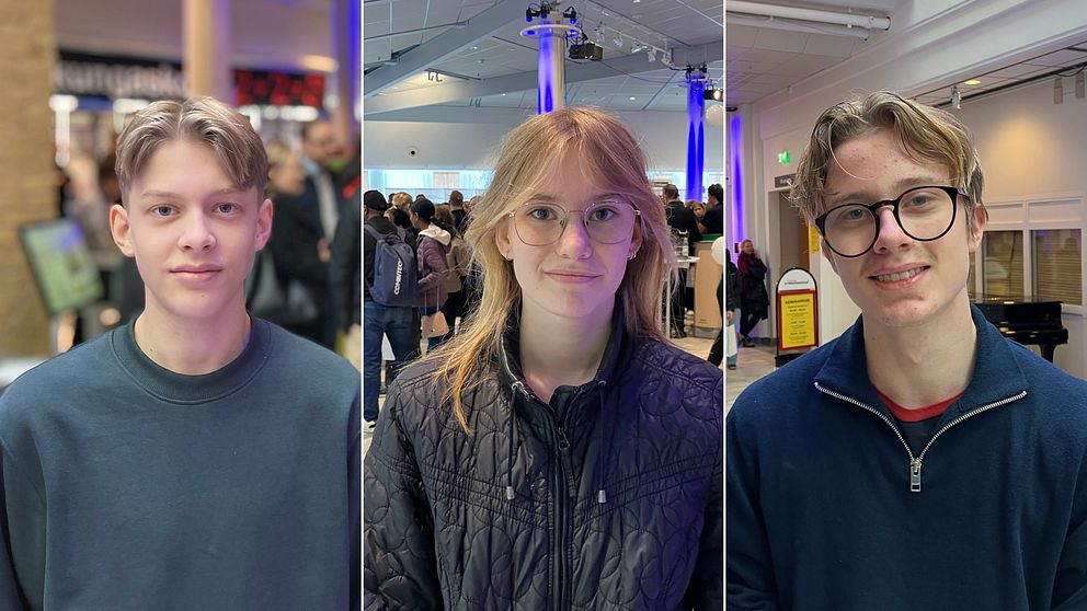 Tre personer står framför olika bakgrunder i en inomhusmiljö. Den första personen har en mörk tröja och är placerad framför en livlig, folksamling. Den andra personen bär en quiltad jacka och står mot en ljusare bakgrund med många människor. Den tredje personen har en blå tröja och befinner sig i en inomhuslokal med en öppna yta och mikrofondelar synliga i bakgrunden.