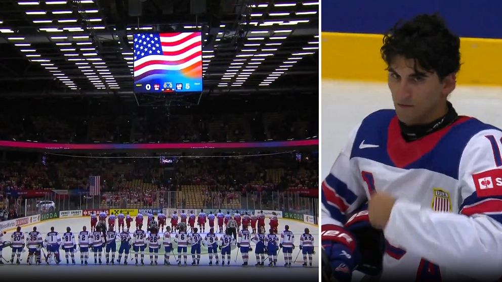 Delad bild. Till vänster: landslag under amerikanska flaggan i ishall. Till höger: hockeyspelare.