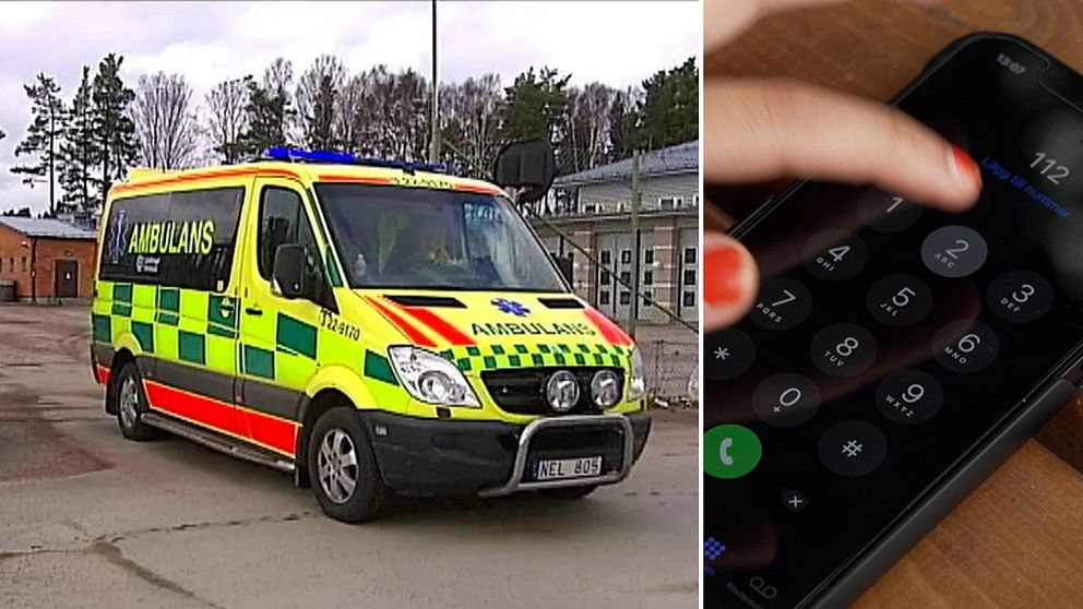 en ambulans och en mobil där det rings nummer 112