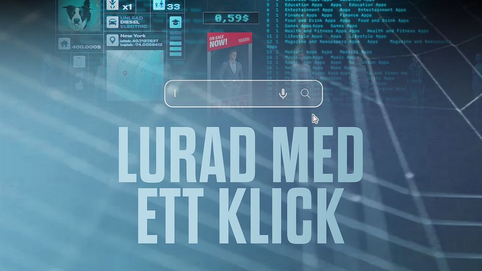 En digital komposition som visar en sökbar yta med texten ”LURAD MED ETT KLICK” i framkant. Bakgrunden innehåller olika grafer och dataflöden, samt en annons som visar en man. En mikrofonikon är synlig i sökfältet, vilket antyder funktionalitet för röstigenkänning. Grafiska element ger intryck av en teknologisk miljö.