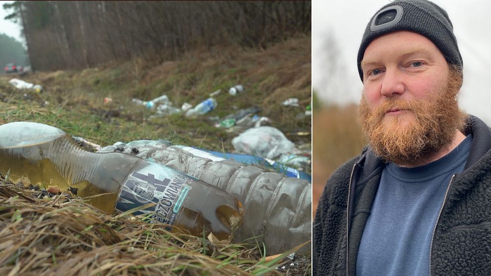 Splitbild på skräp i diket och lastbilsföraren Anders Jacobson.