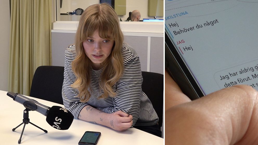 Tvådelad bild. Vänster: kvinna vid bord med mikrofon. Höger: mobilskärm med chatkonversation.